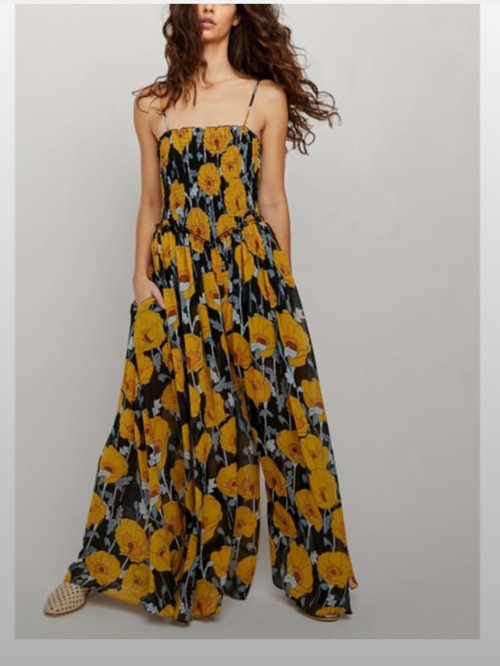 Free People Black Jumpsuit with Yellow Floral Print